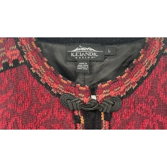 Icelandic Designs Sweater Floral Women Size Large Red Wool Blend Cardigan Lined - Picture 16 of 16